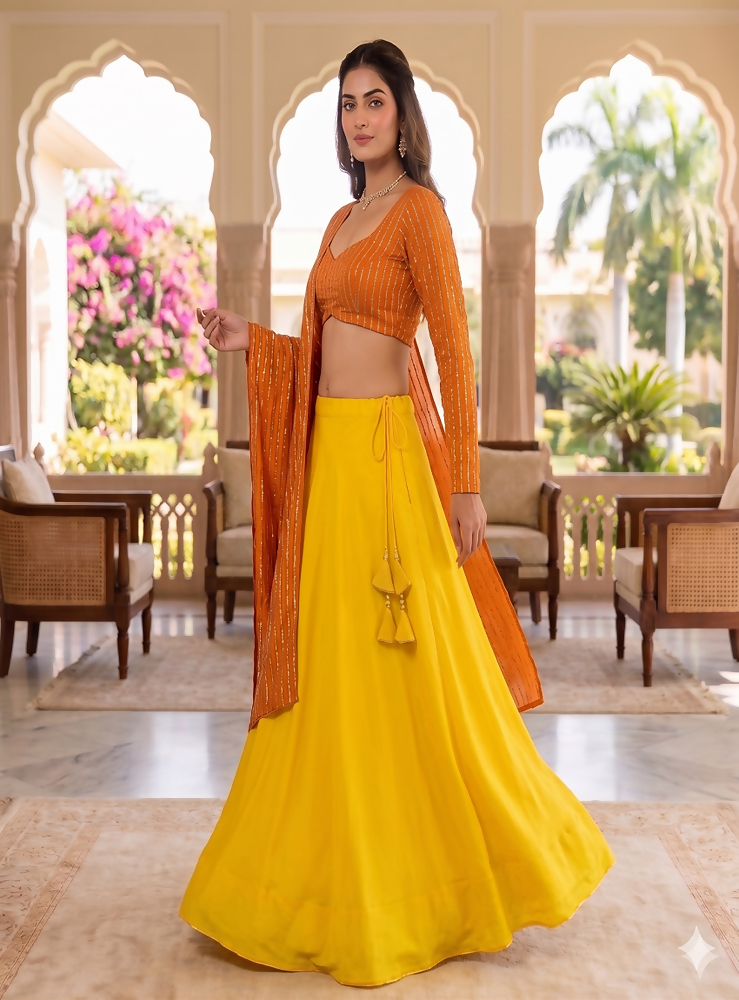 Teeya Creation Women's New Orange Designer Lehenga Choli Set with Sequin Embroidery Work