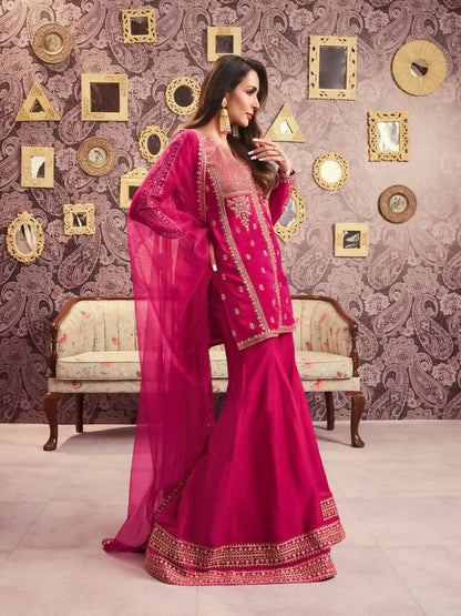 The52 Women's Beautiful Embroidery Work Chanderi Silk Fabric Straight Kurta Palazzo and Dupatta Set