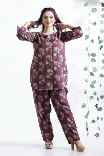Breathables Wine Butta Cotton Co-Ord Set  Kurta With Straight Pants