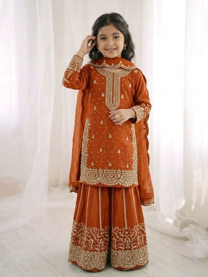 Teeya Creation New Trendy Fully Stitched Ready to Wear Kids Kurta Palazzo Set-Orange