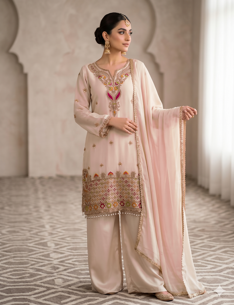 Teeya Creation Designer Baby Pink Festive Palazzo Suit Set with Heavy Embroidery