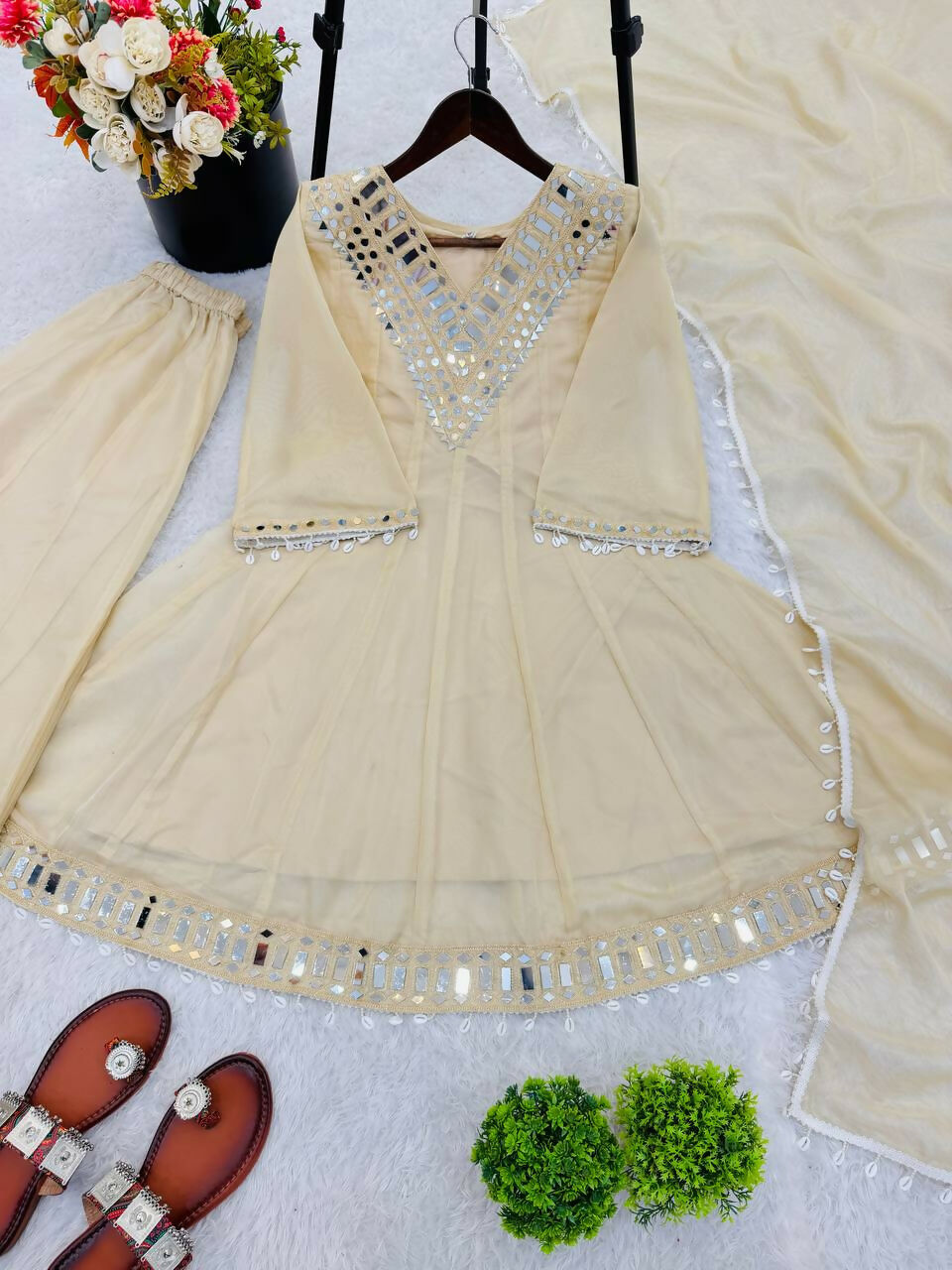 Teeya Creation New Latest Trendy Real Mirror Work With Lace Border Cream Kurta Set