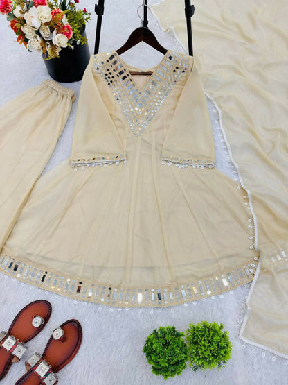 Teeya Creation New Latest Trendy Real Mirror Work With Lace Border Cream Kurta Set