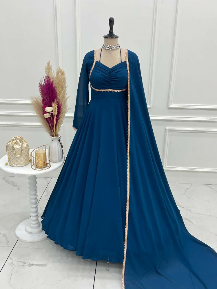 The52 Women's Gorgeous Solid Fox Blooming Georgette Fabric Flared Anarkali and Dupatta Set-Teal Blue