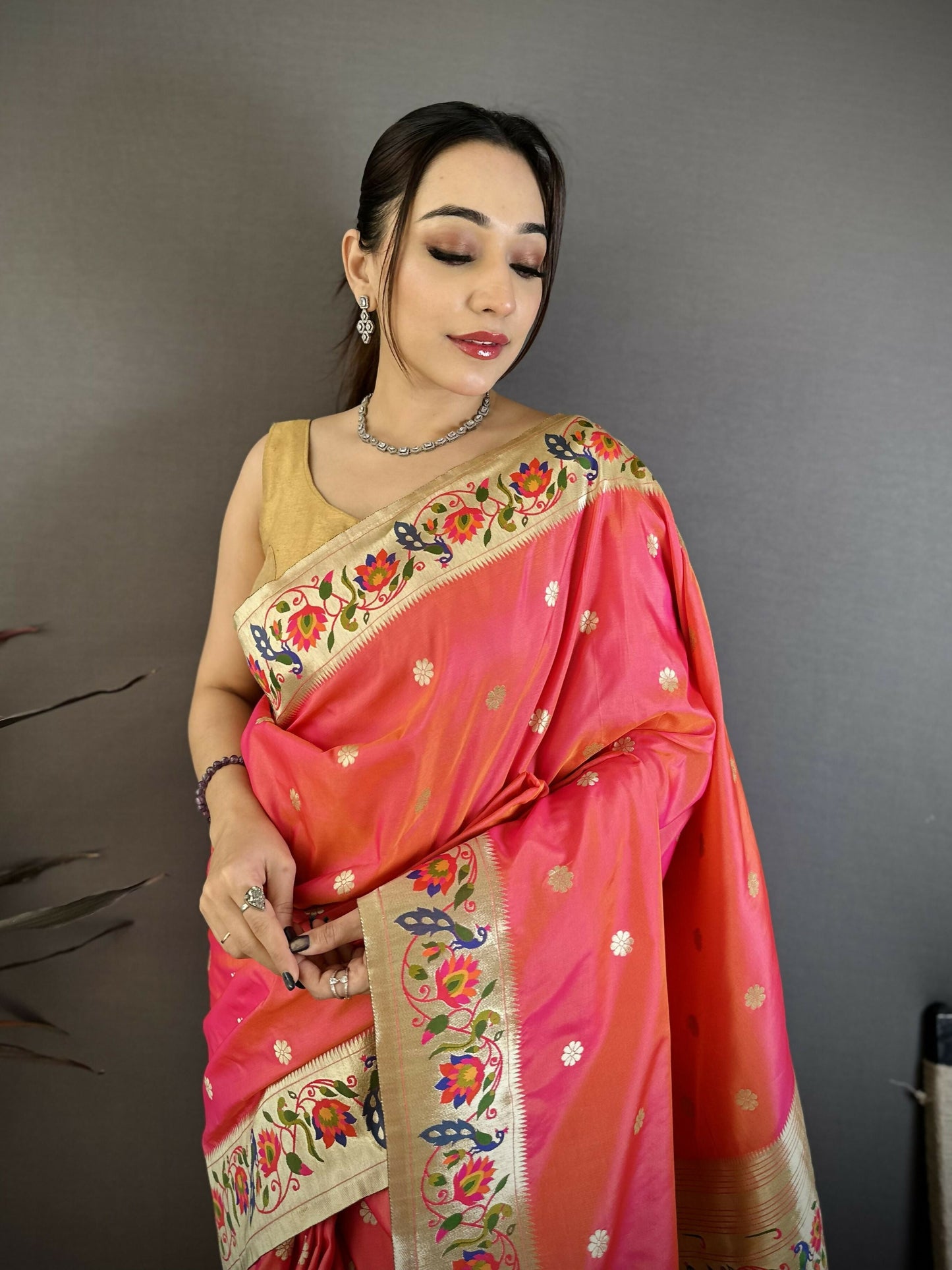 Prime Volt Premium Soft Silk Mayur Paithani Saree with Peacock Meena Weaving & Rich Pallu-Bright Pink