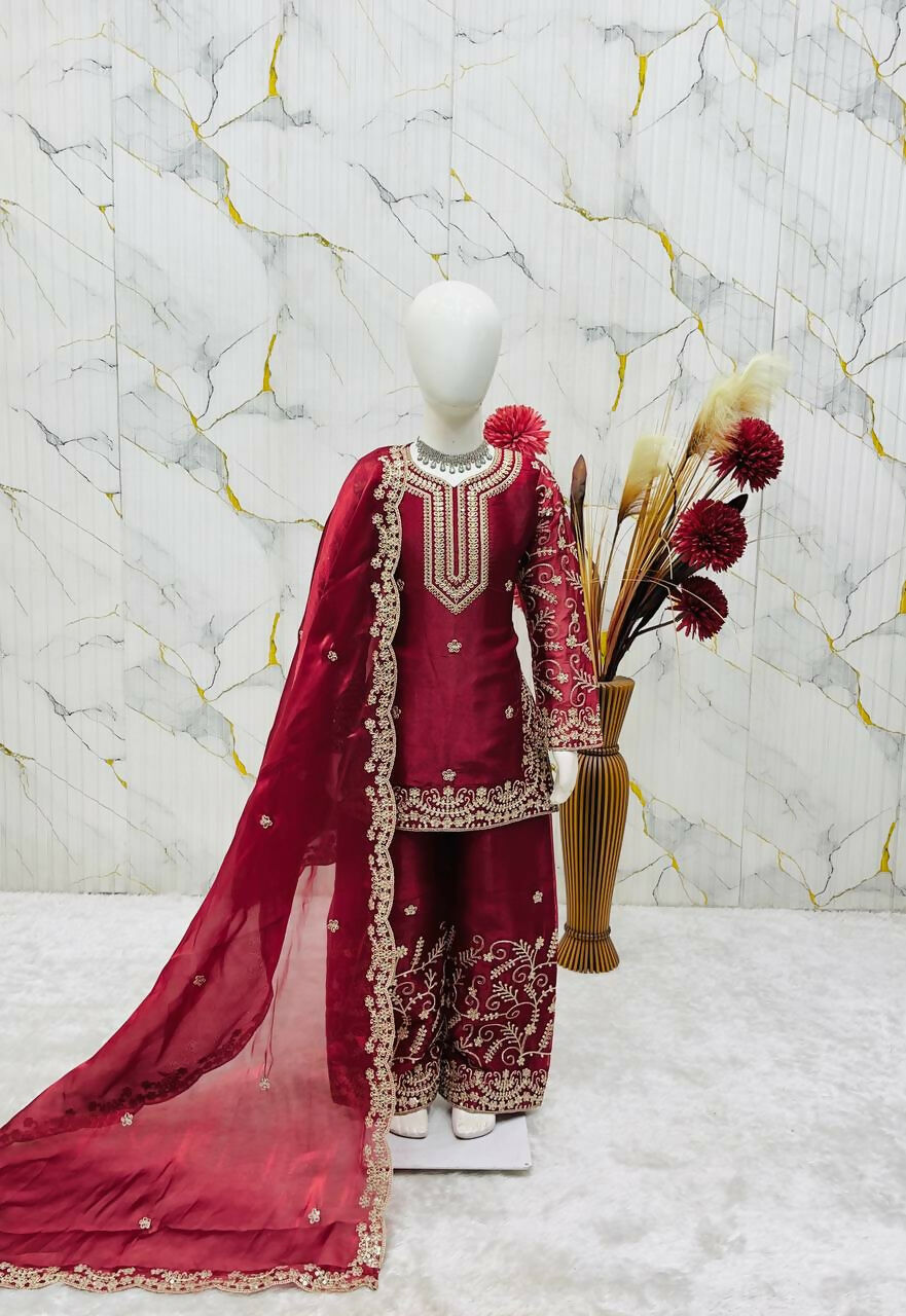 Teeya Creation New Kids Wedding Wear Heavy Embroidery Sequence Work Kurta Sharara Set-Red