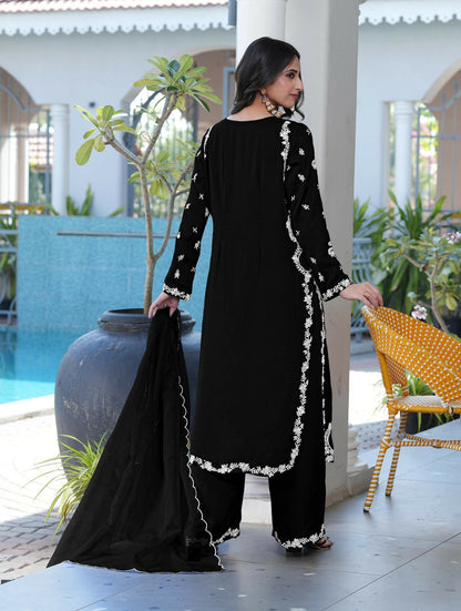 Nikhaar Black Embroidered Modal Silk Stitched Straight Cut Kurta Culottes Dupatta Readymade Suit