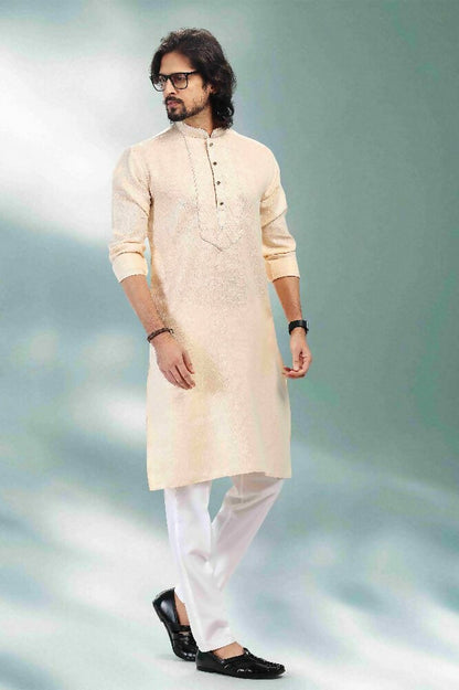 Raivat Ethnic Linen Cotton Pintux Work Kurta Pajama In Beige Colour