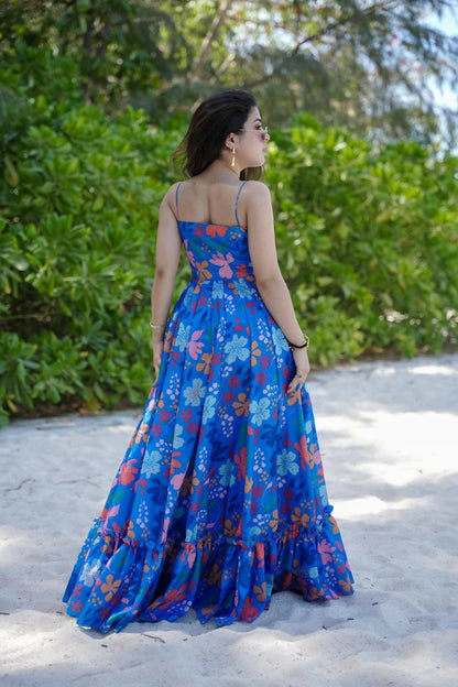 The52 Women's Gorgeous Flared Partywear Designer Poly Rayon Gown-Blue