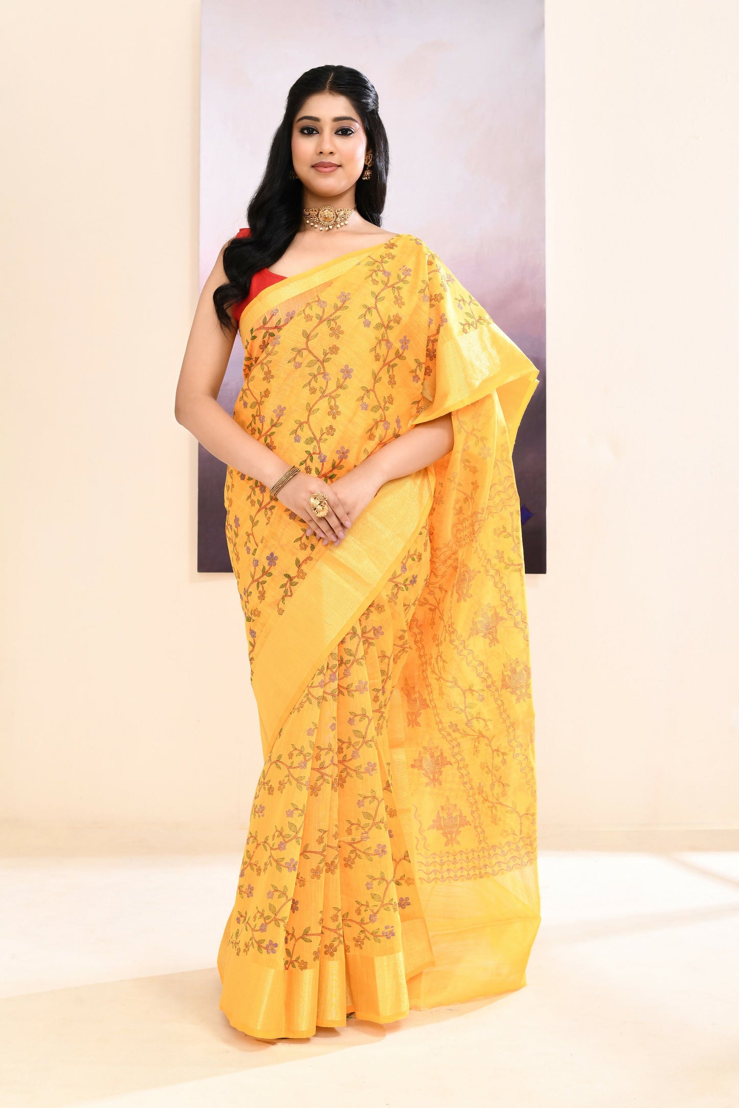 Piyari Fashion Women's Yellow Embellished Cotton Blend Printed Saree