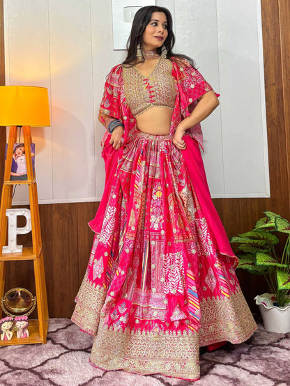 Tulsi Art Alluring Pink Digital Printed Chinon Sangeet Wear Lehenga Choli With Dupatta
