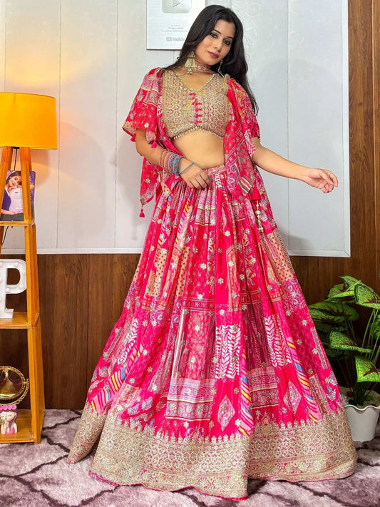 Tulsi Art Alluring Pink Digital Printed Chinon Sangeet Wear Lehenga Choli With Dupatta