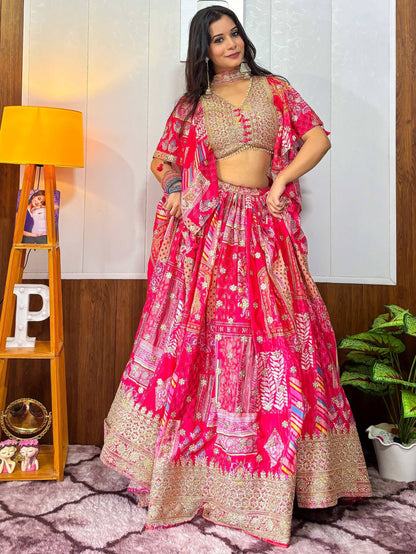 Tulsi Art Alluring Pink Digital Printed Chinon Sangeet Wear Lehenga Choli With Dupatta