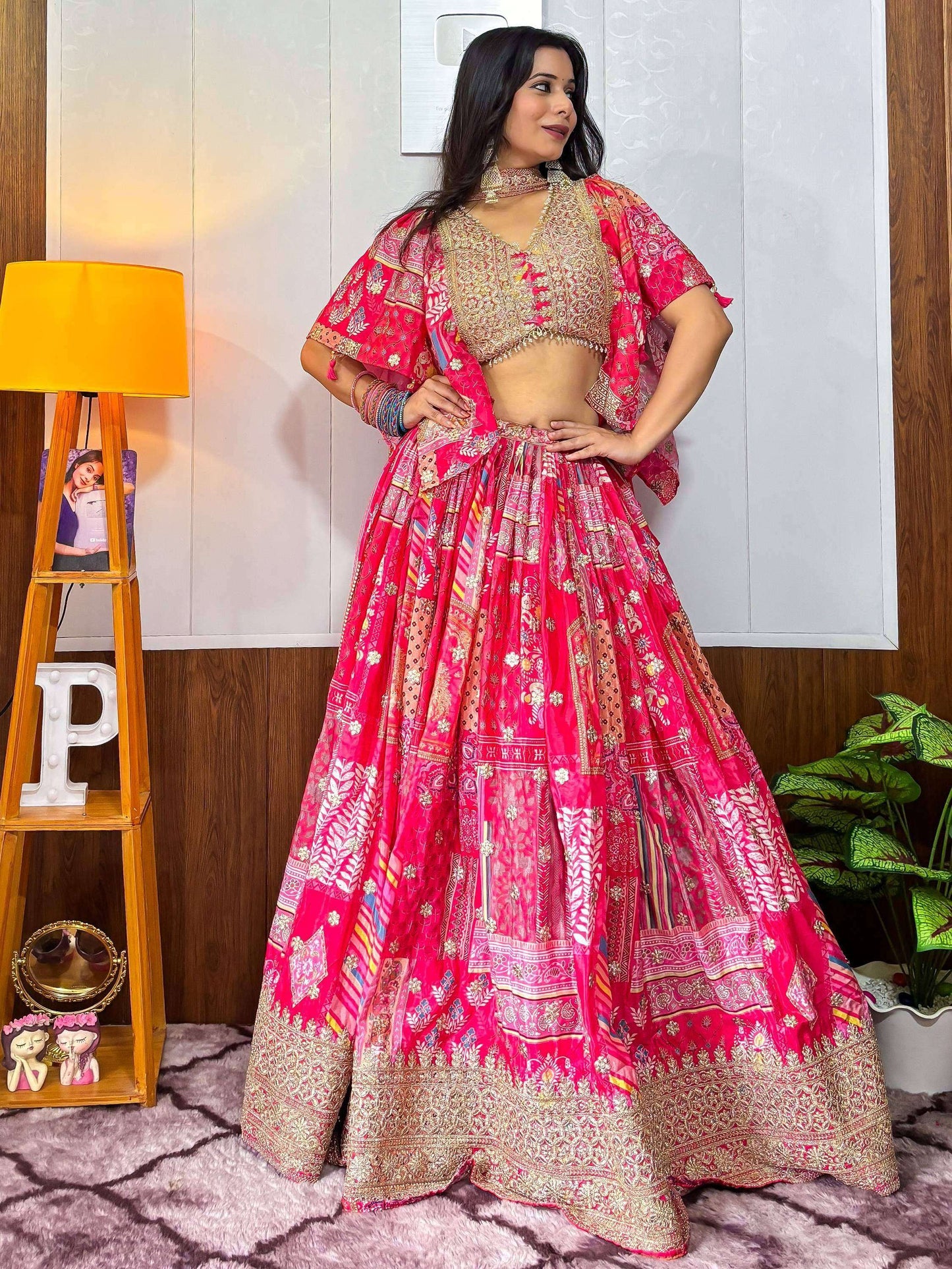 Tulsi Art Alluring Pink Digital Printed Chinon Sangeet Wear Lehenga Choli With Dupatta