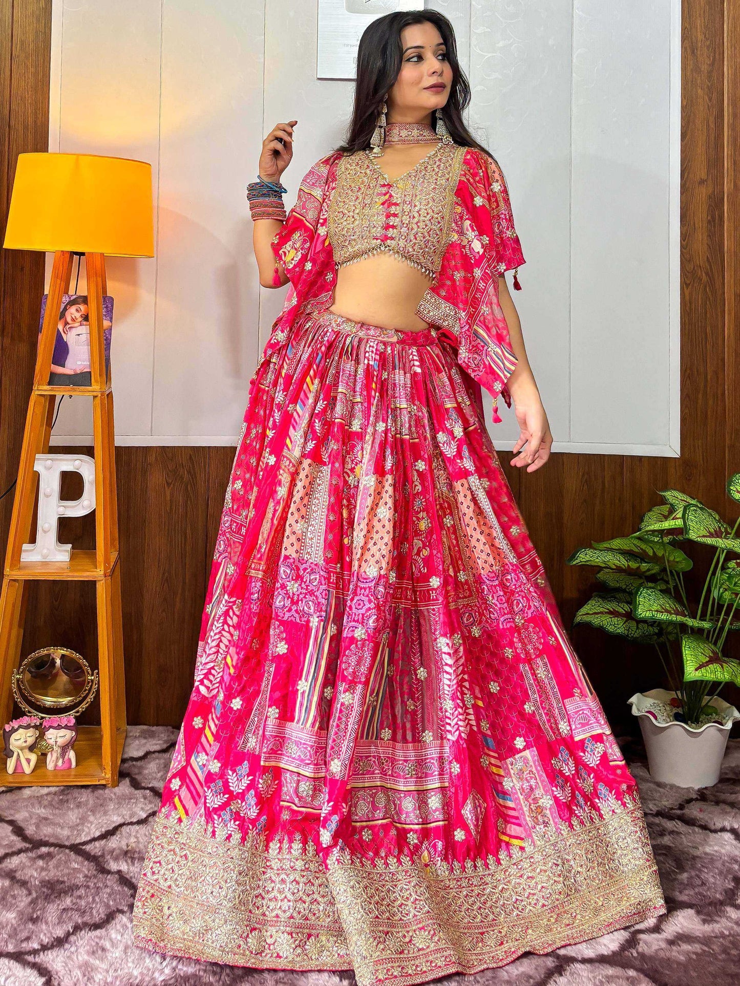 Tulsi Art Alluring Pink Digital Printed Chinon Sangeet Wear Lehenga Choli With Dupatta