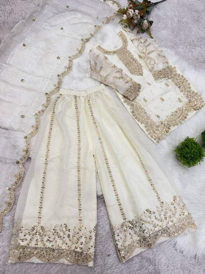 Teeya Creation Girls Heavy Embroidery White Ethnic Kurta And Palazzo Set With Net Dupatta