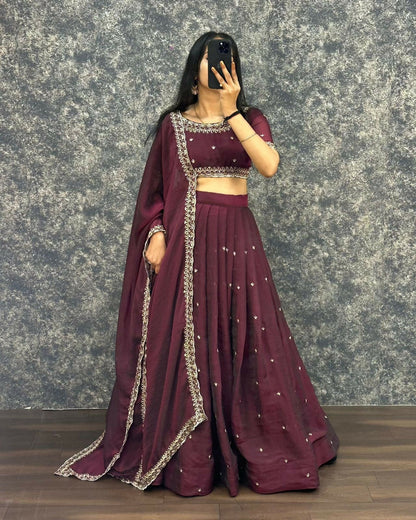 Teeya Creation Womens New Trendy Radiant Wine Hand-Embroidered Silk Lehenga Choli Set