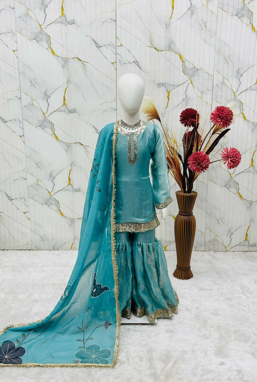 Teeya Creation New Kids Latest Trendy Kurta Sharara Set-Turquoise