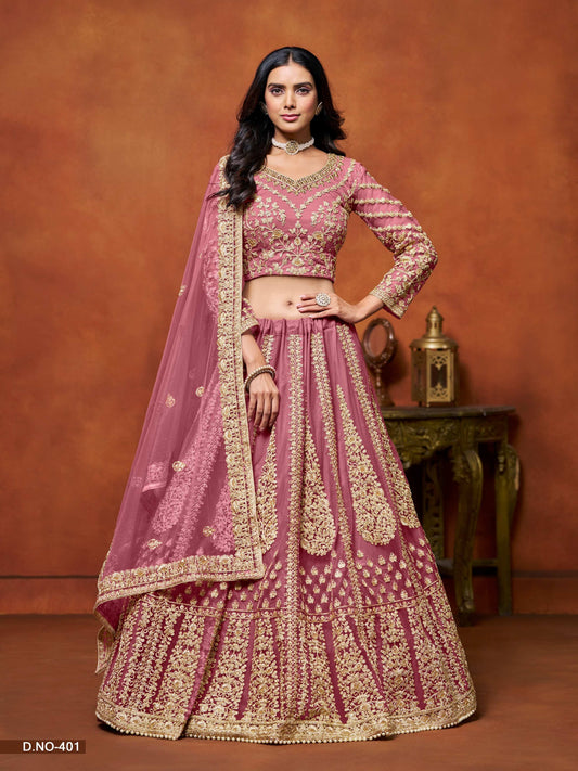 Anaita Pink Embroidered Net Designer Lehenga With Blouse