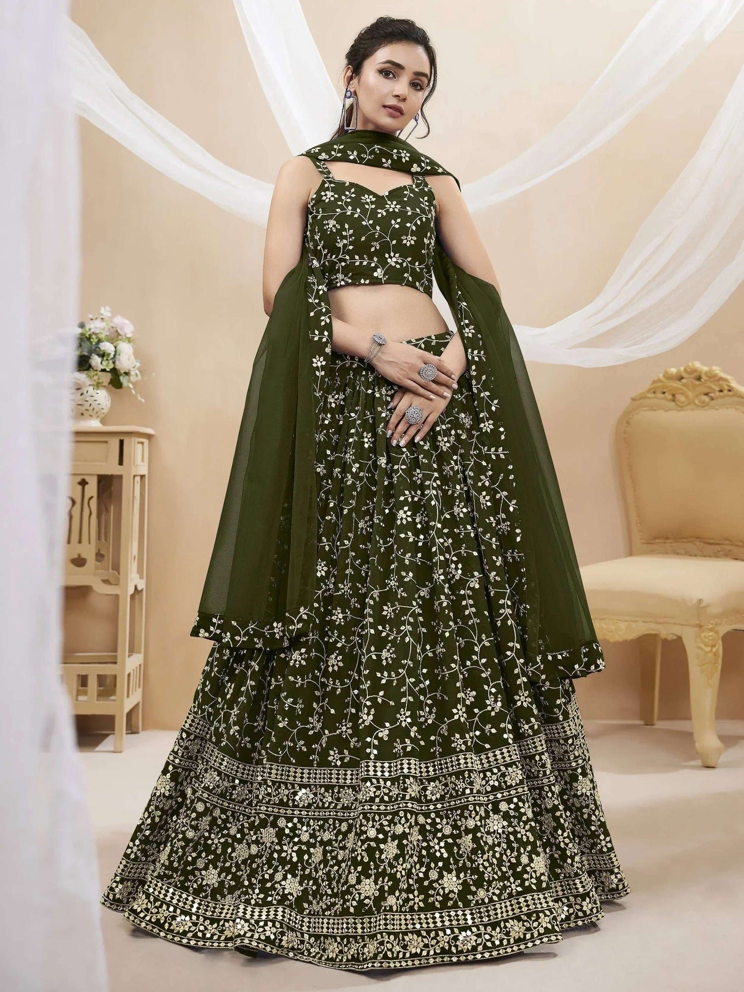 Tulsi Art Bewitching Green Embroidered Georgette Mehendi Wear Lehenga Choli