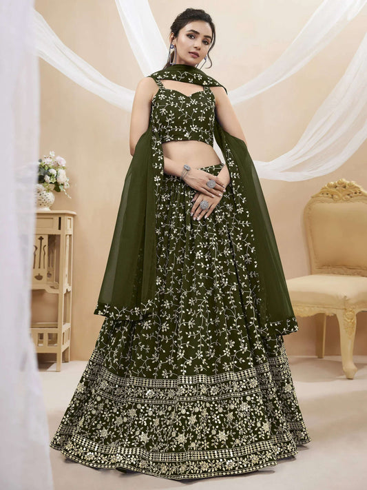 Tulsi Art Bewitching Green Embroidered Georgette Mehendi Wear Lehenga Choli