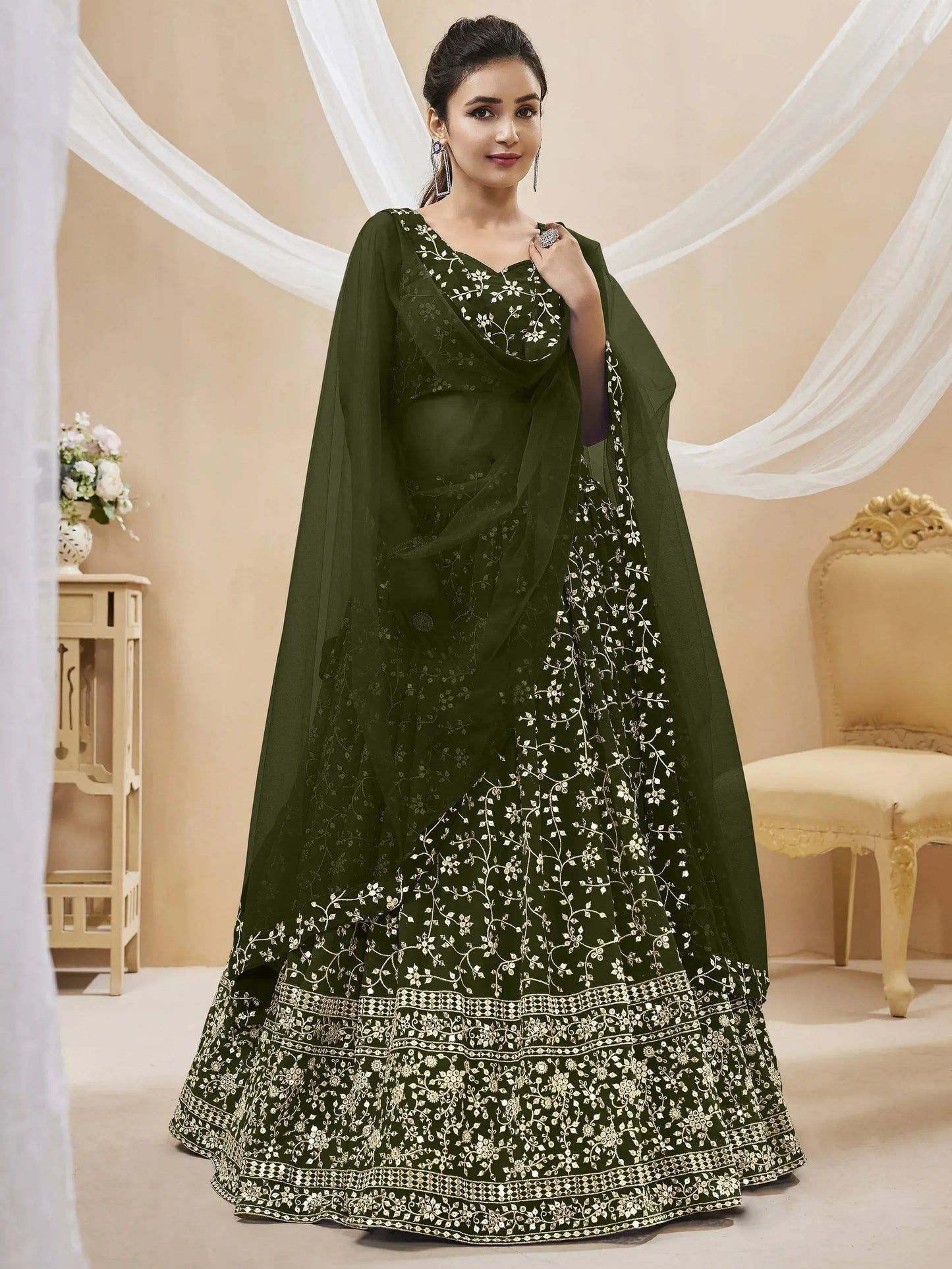 Tulsi Art Bewitching Green Embroidered Georgette Mehendi Wear Lehenga Choli