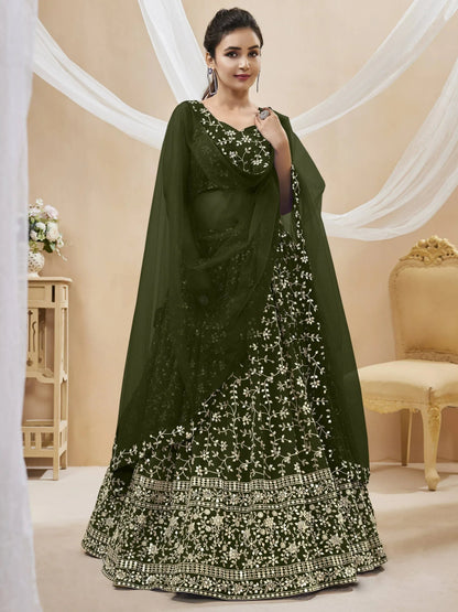 Tulsi Art Bewitching Green Embroidered Georgette Mehendi Wear Lehenga Choli