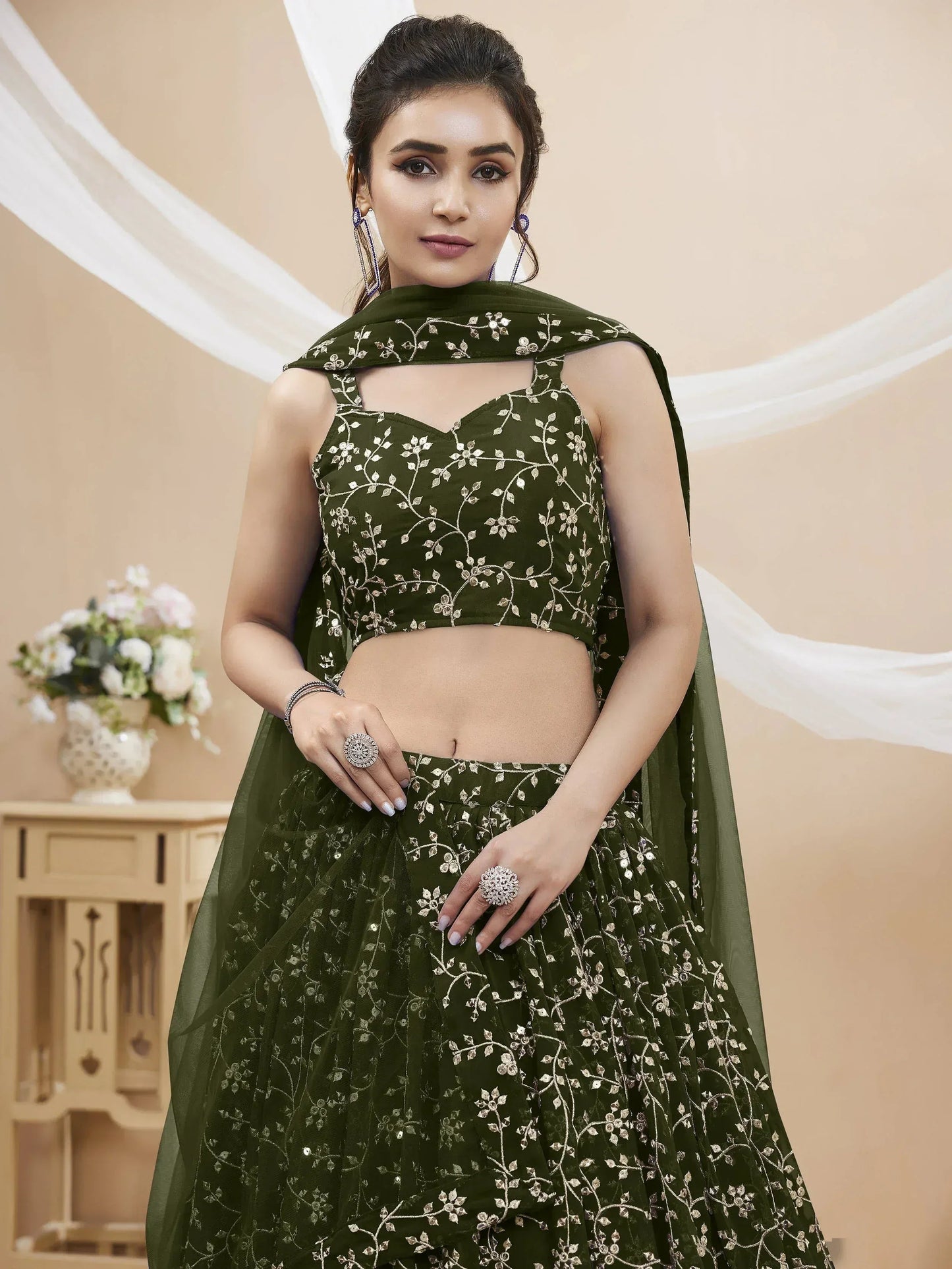 Tulsi Art Bewitching Green Embroidered Georgette Mehendi Wear Lehenga Choli