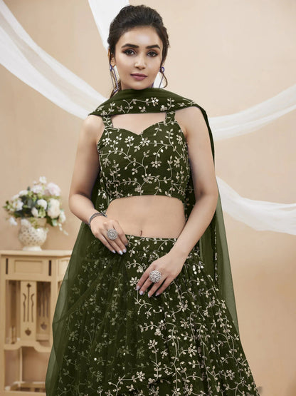Tulsi Art Bewitching Green Embroidered Georgette Mehendi Wear Lehenga Choli