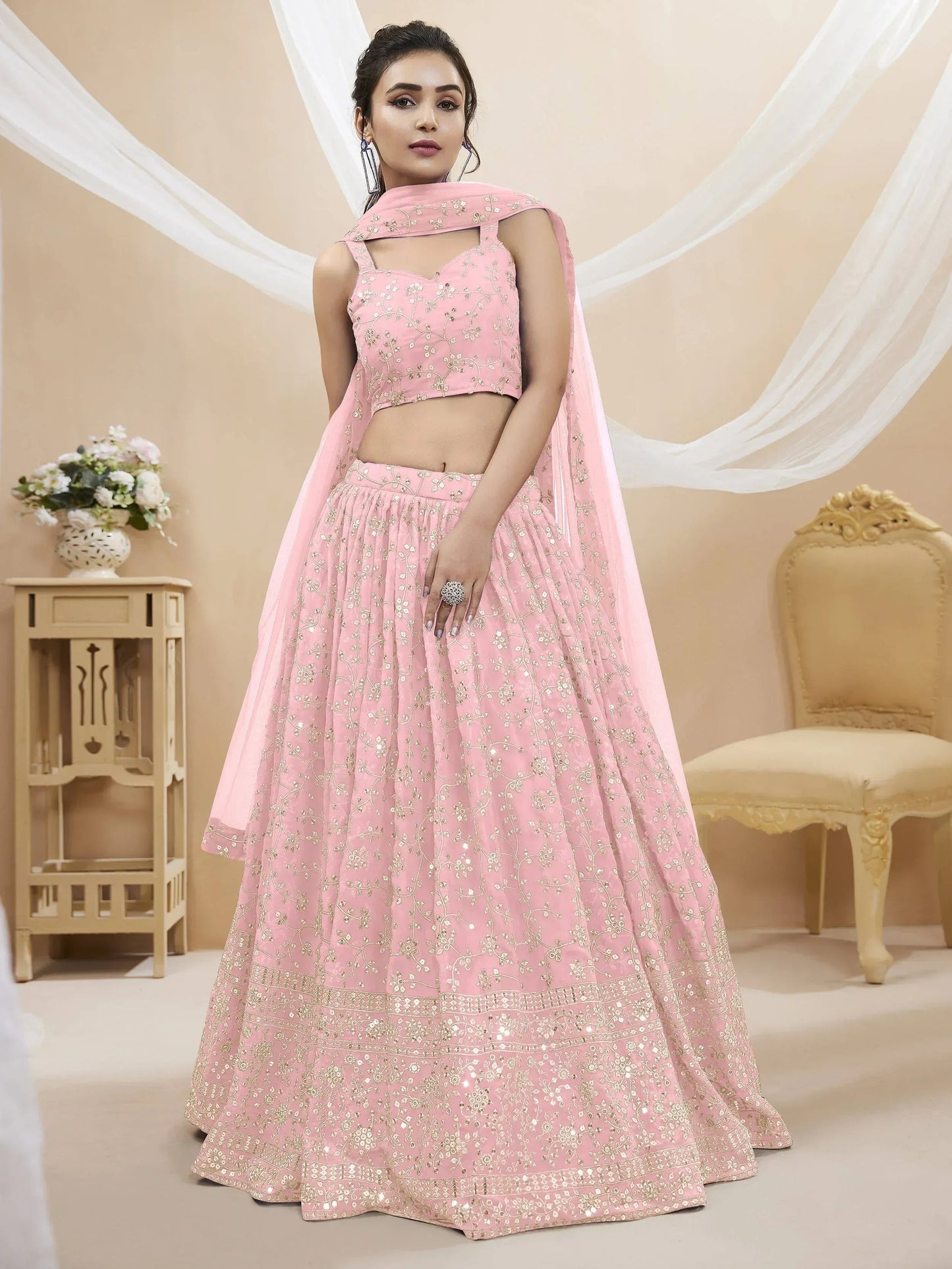 Tulsi Art Beautiful Light Pink Sequin Georgette Engagement Wear Lehenga Choli