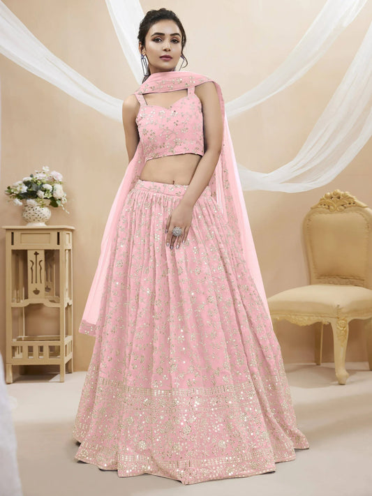 Tulsi Art Beautiful Light Pink Sequin Georgette Engagement Wear Lehenga Choli