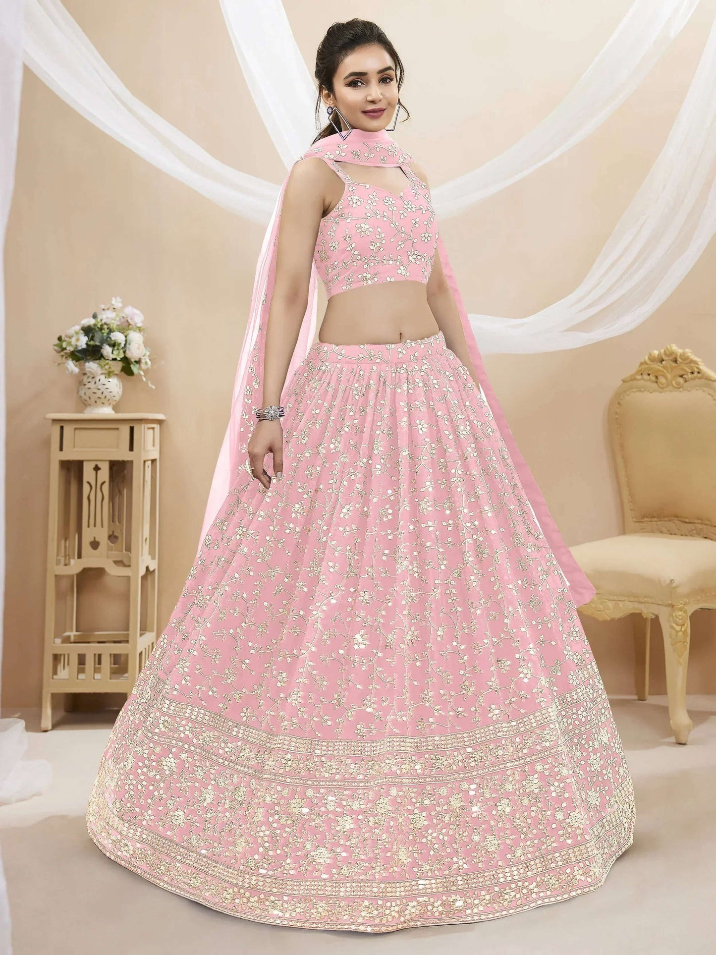 Tulsi Art Beautiful Light Pink Sequin Georgette Engagement Wear Lehenga Choli