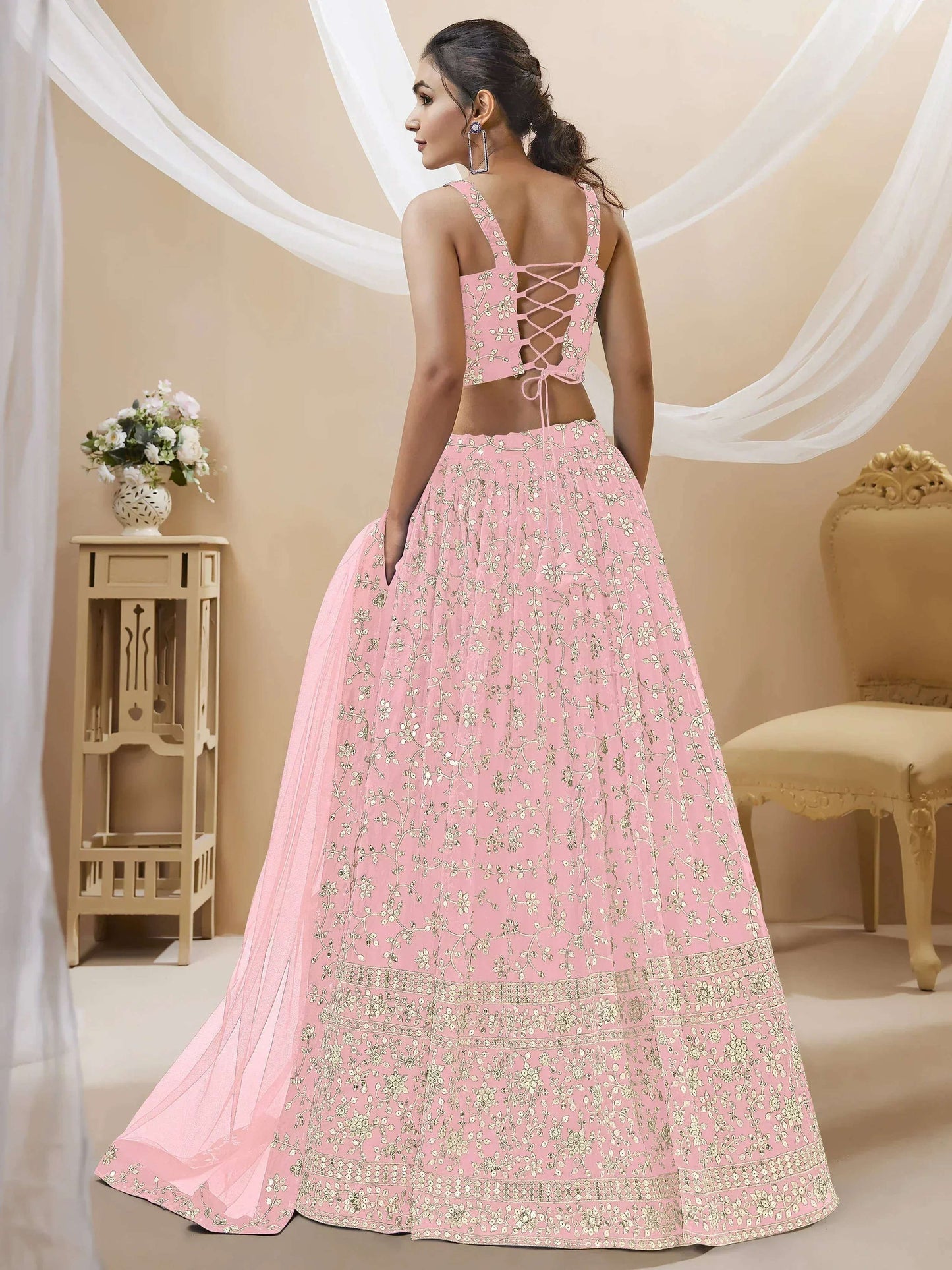 Tulsi Art Beautiful Light Pink Sequin Georgette Engagement Wear Lehenga Choli