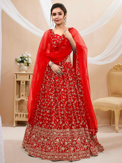 Tulsi Art Attractive Red Embroidered Georgette Wedding Wear Lehenga Choli