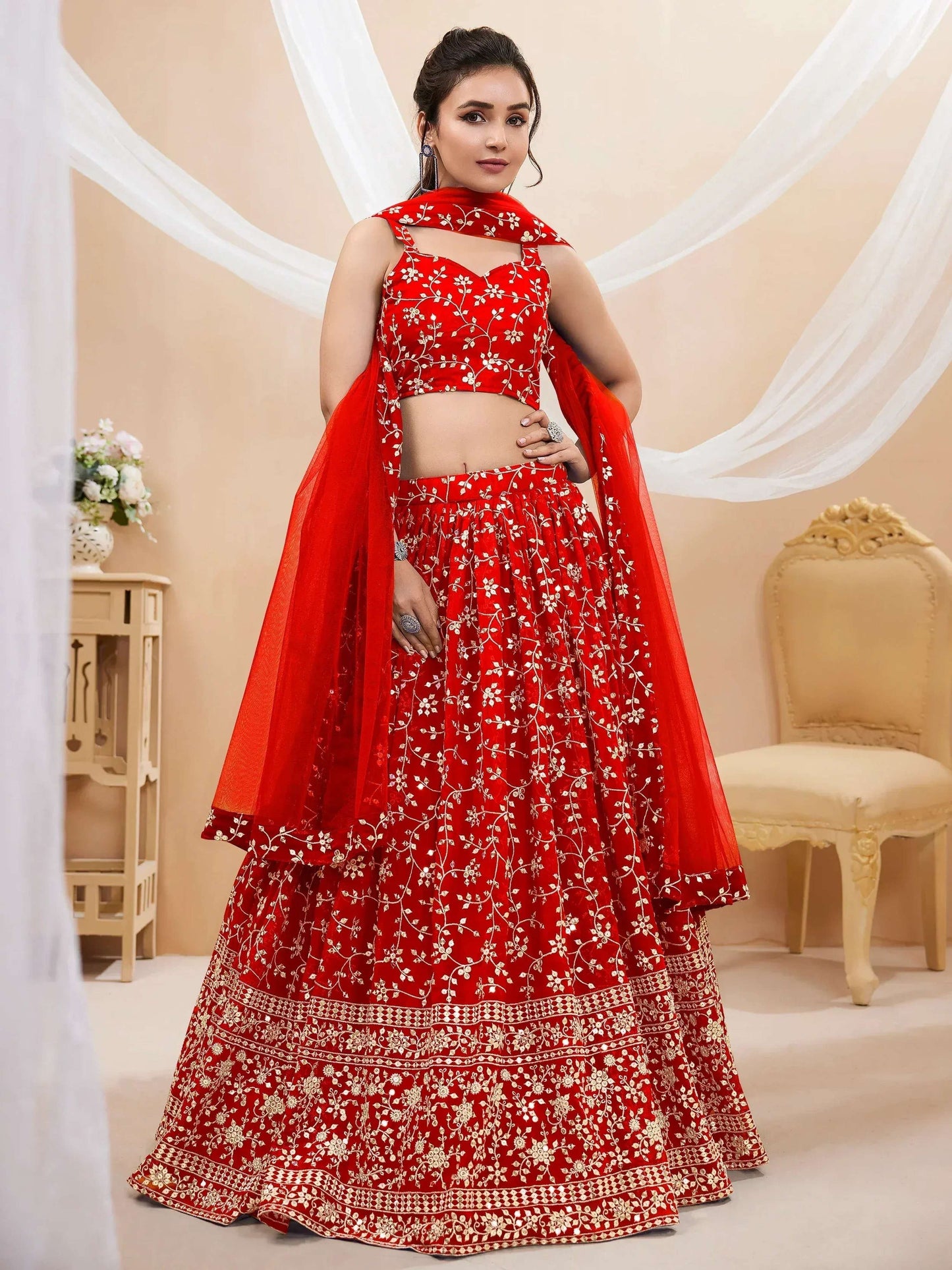 Tulsi Art Attractive Red Embroidered Georgette Wedding Wear Lehenga Choli