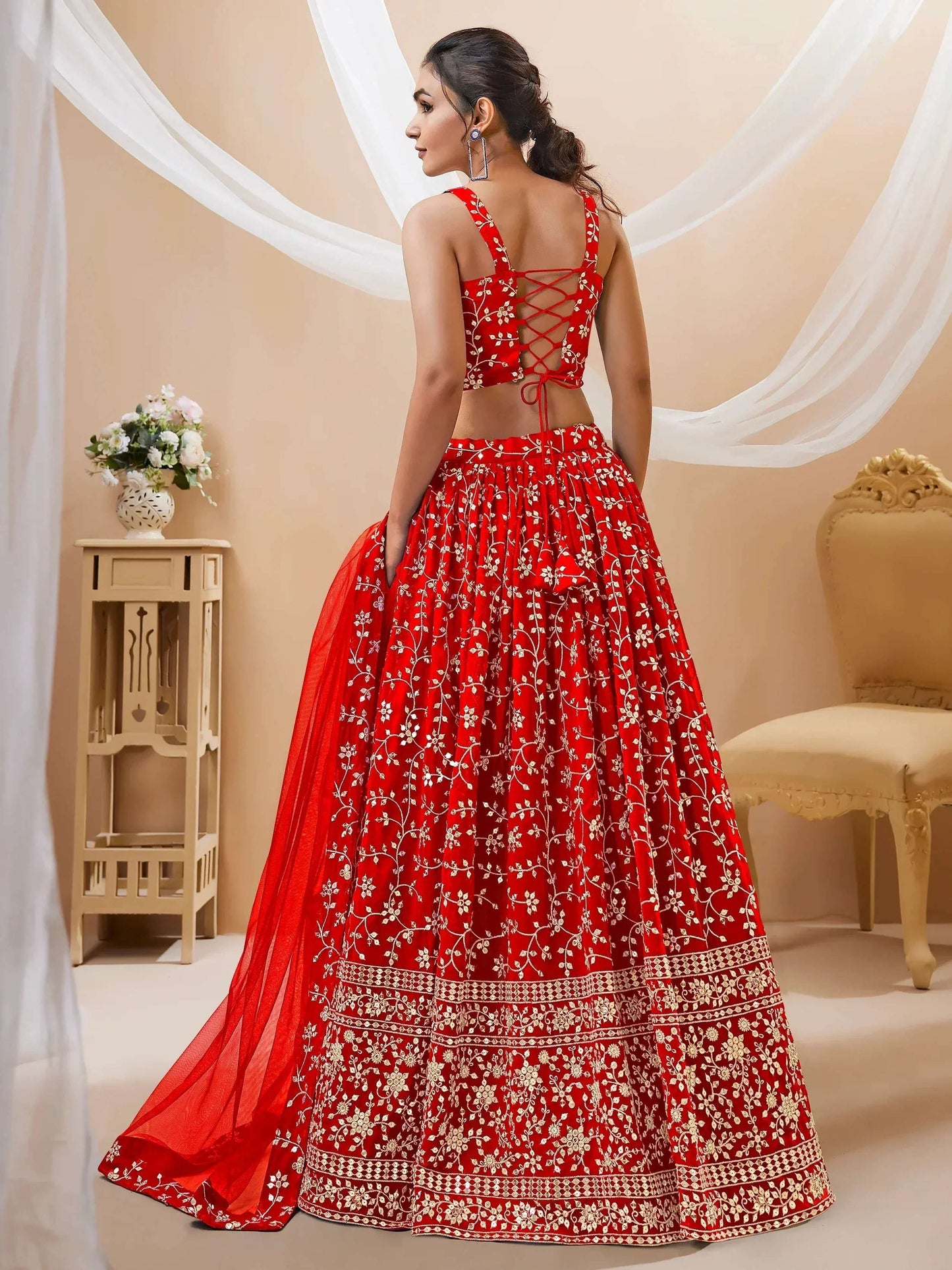 Tulsi Art Attractive Red Embroidered Georgette Wedding Wear Lehenga Choli