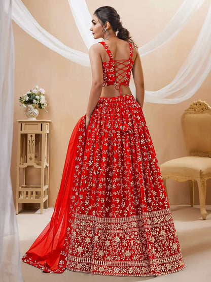 Tulsi Art Attractive Red Embroidered Georgette Wedding Wear Lehenga Choli