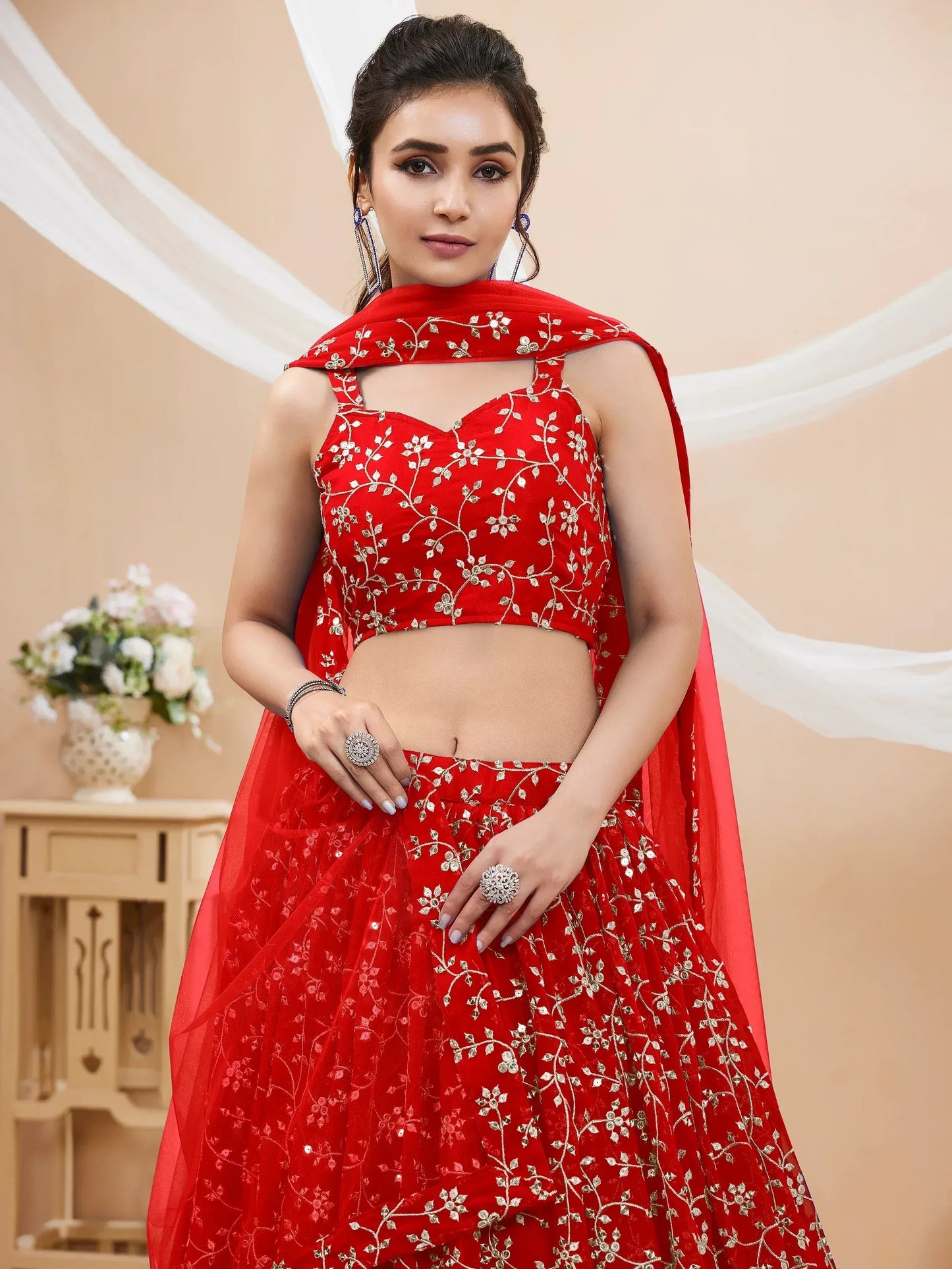 Tulsi Art Attractive Red Embroidered Georgette Wedding Wear Lehenga Choli