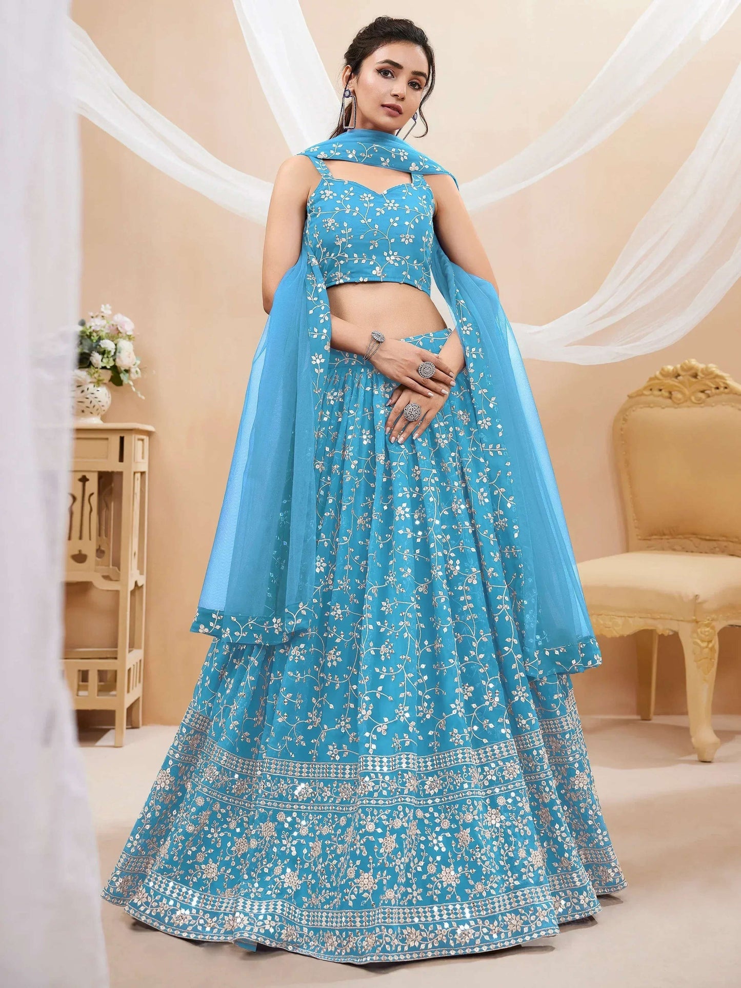 Tulsi Art Gorgeous Sky Blue Embroidered Georgette Reception Wear Lehenga Choli
