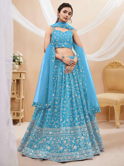 Tulsi Art Gorgeous Sky Blue Embroidered Georgette Reception Wear Lehenga Choli