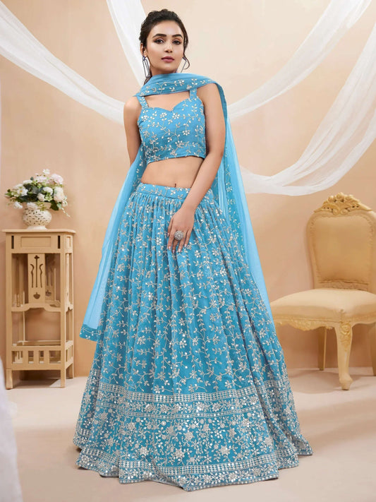Tulsi Art Gorgeous Sky Blue Embroidered Georgette Reception Wear Lehenga Choli