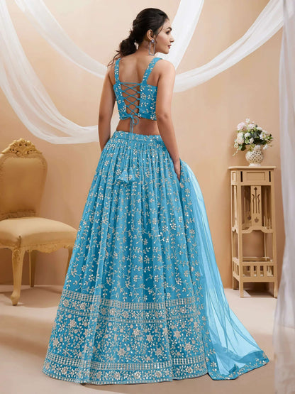 Tulsi Art Gorgeous Sky Blue Embroidered Georgette Reception Wear Lehenga Choli
