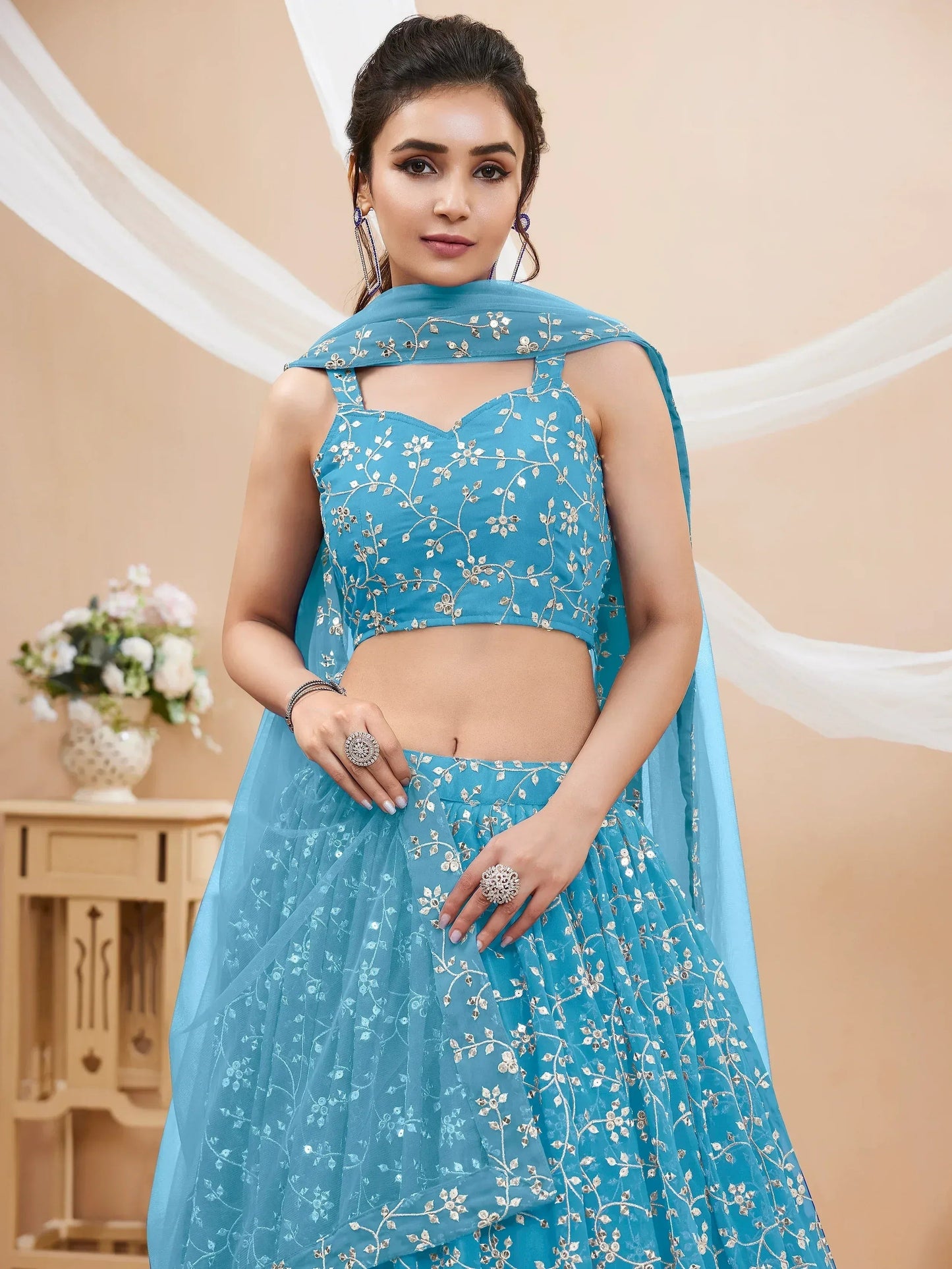 Tulsi Art Gorgeous Sky Blue Embroidered Georgette Reception Wear Lehenga Choli