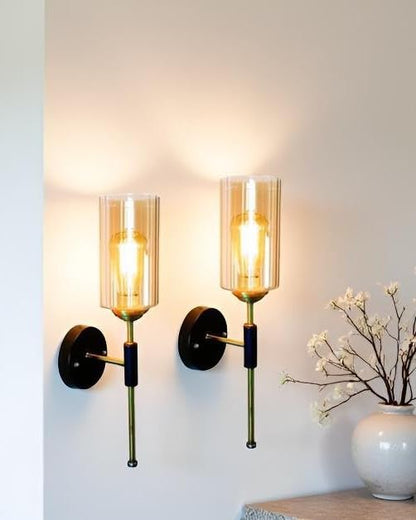 Wall Lamp Set of 2 - Modern Classic Design - Metal & Glass - Gold and Black Finish - E-27 Bulb - Ideal for Living Room, Bedroom