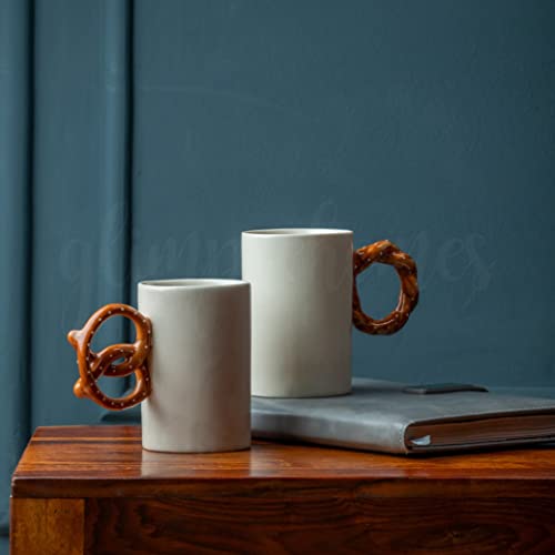 Coffee Mug Set of 2 - Ceramic Pretzel & Bagel Design - 250 ml Capacity