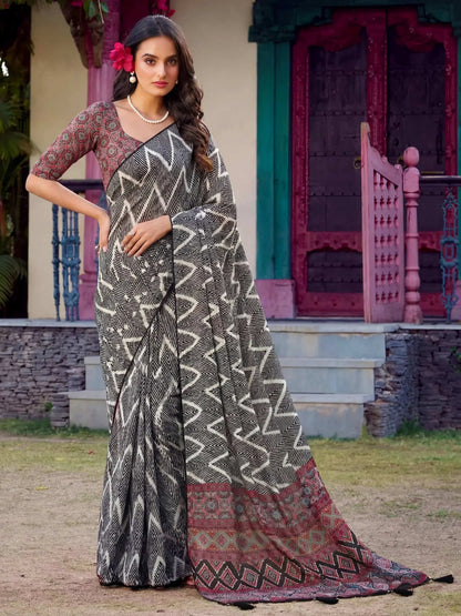 Tulsi Art Stylish Black Digital Printed Crepe Casual Wear Saree With Blouse