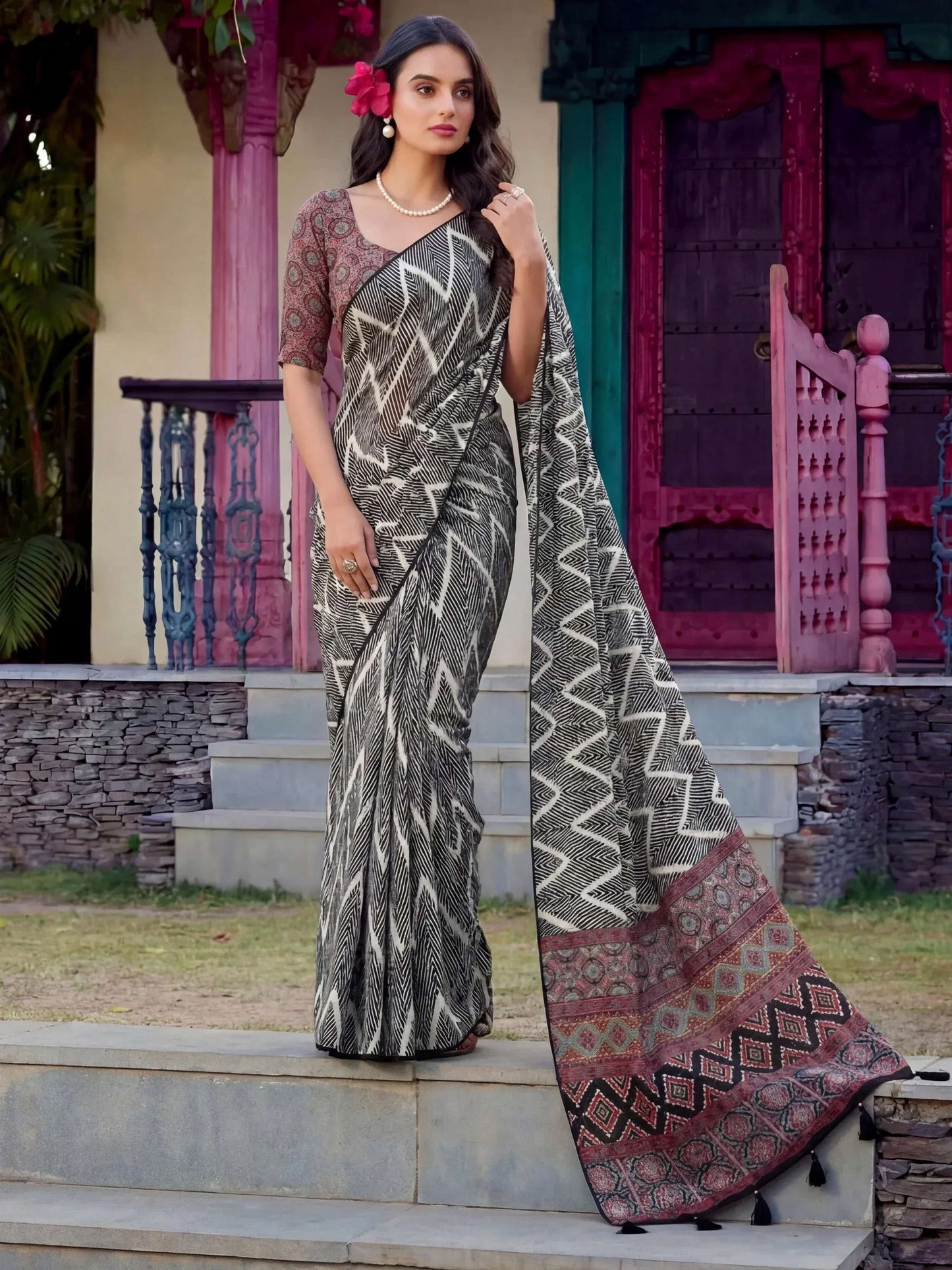 Tulsi Art Stylish Black Digital Printed Crepe Casual Wear Saree With Blouse