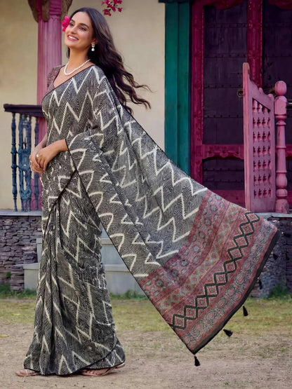 Tulsi Art Stylish Black Digital Printed Crepe Casual Wear Saree With Blouse