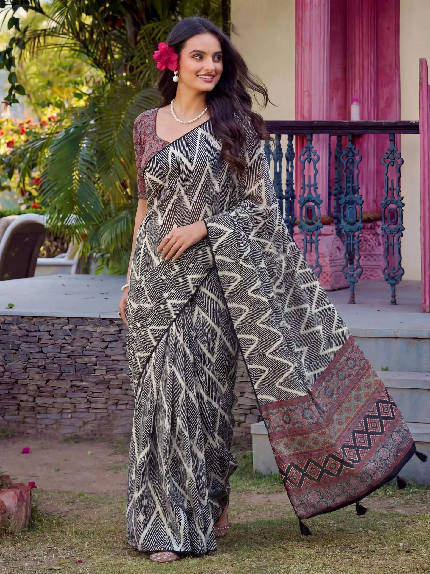 Tulsi Art Stylish Black Digital Printed Crepe Casual Wear Saree With Blouse