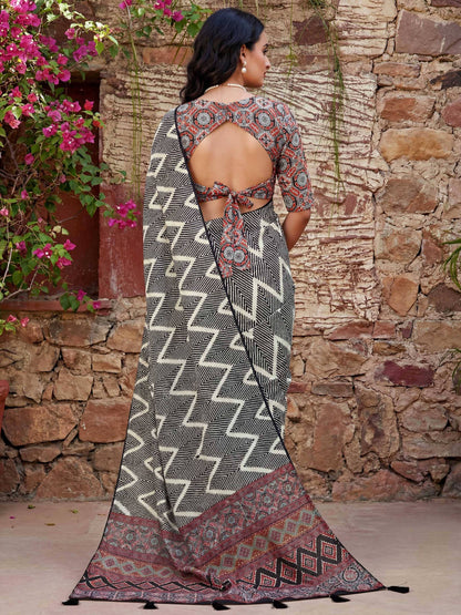Tulsi Art Stylish Black Digital Printed Crepe Casual Wear Saree With Blouse
